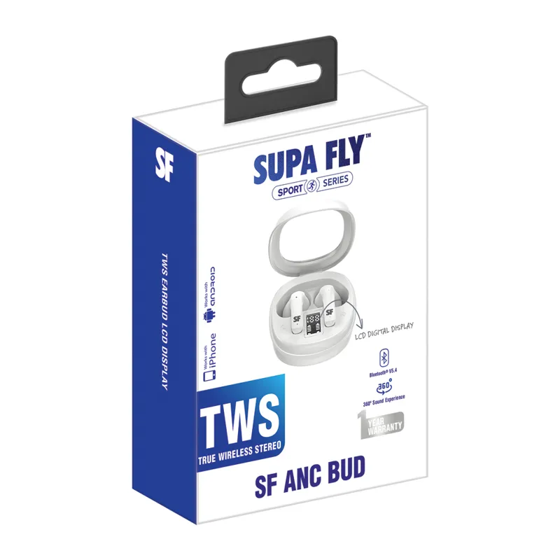 Supa-Fly TWS Earbuds LCD Display White